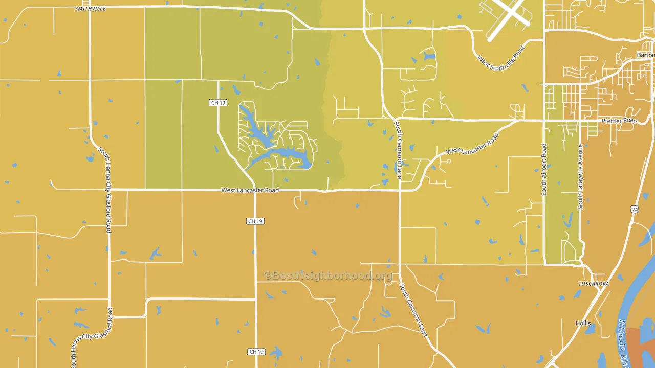 Map of the best neighborhoods in the 61547 area, with better matches in green and worse matches in red
