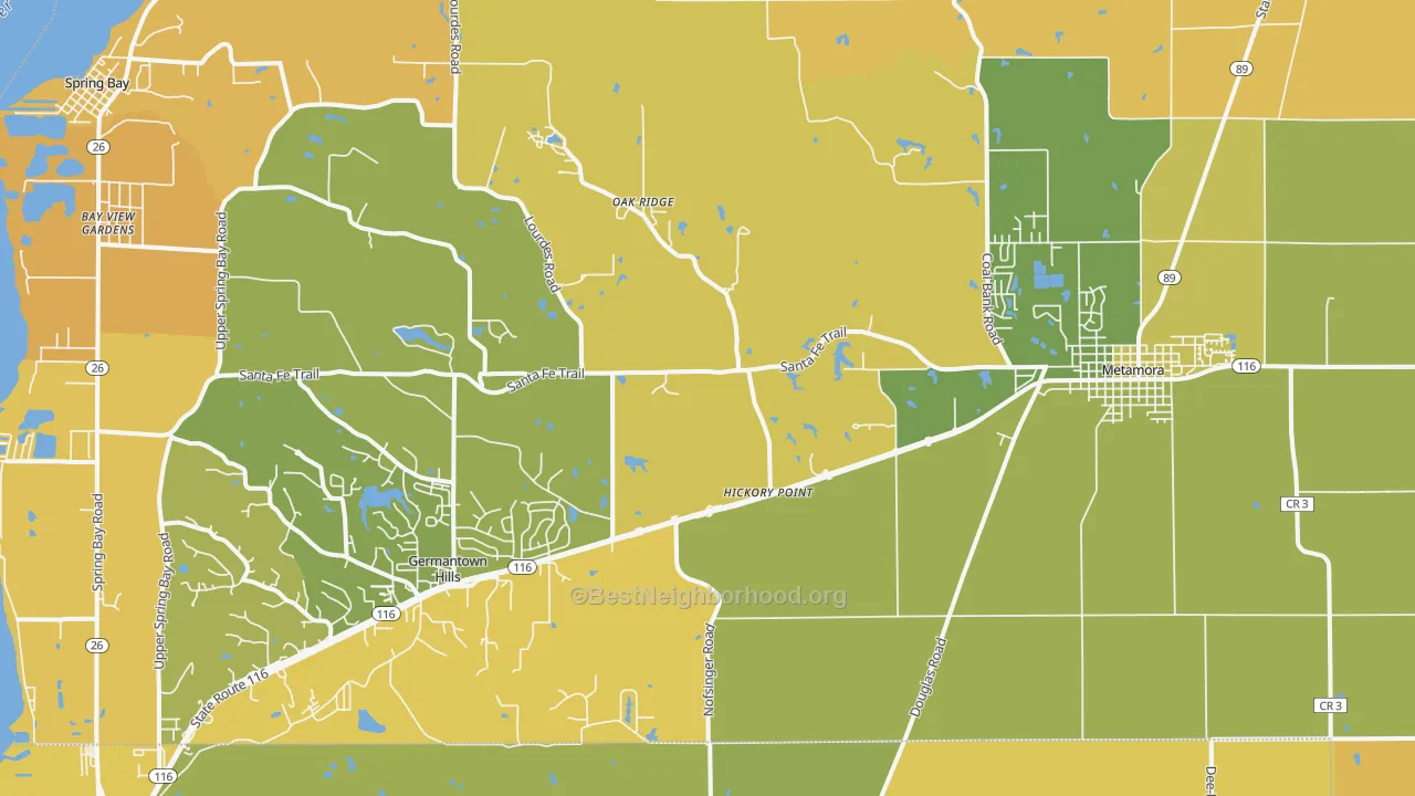 Map of the best neighborhoods in the 61548 area, with better matches in green and worse matches in red