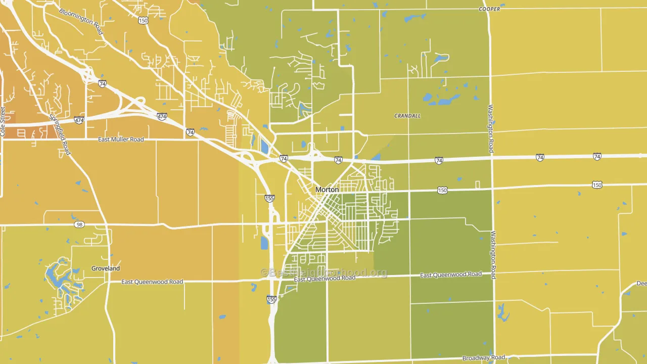 Map of the best neighborhoods in the 61550 area, with better matches in green and worse matches in red