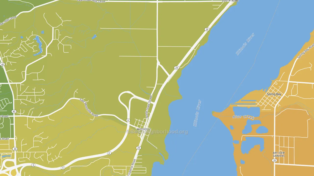 Map of the best neighborhoods in the 61552 area, with better matches in green and worse matches in red