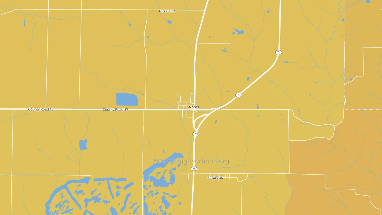 Map of the best neighborhoods in the 61553 area, with better matches in green and worse matches in red