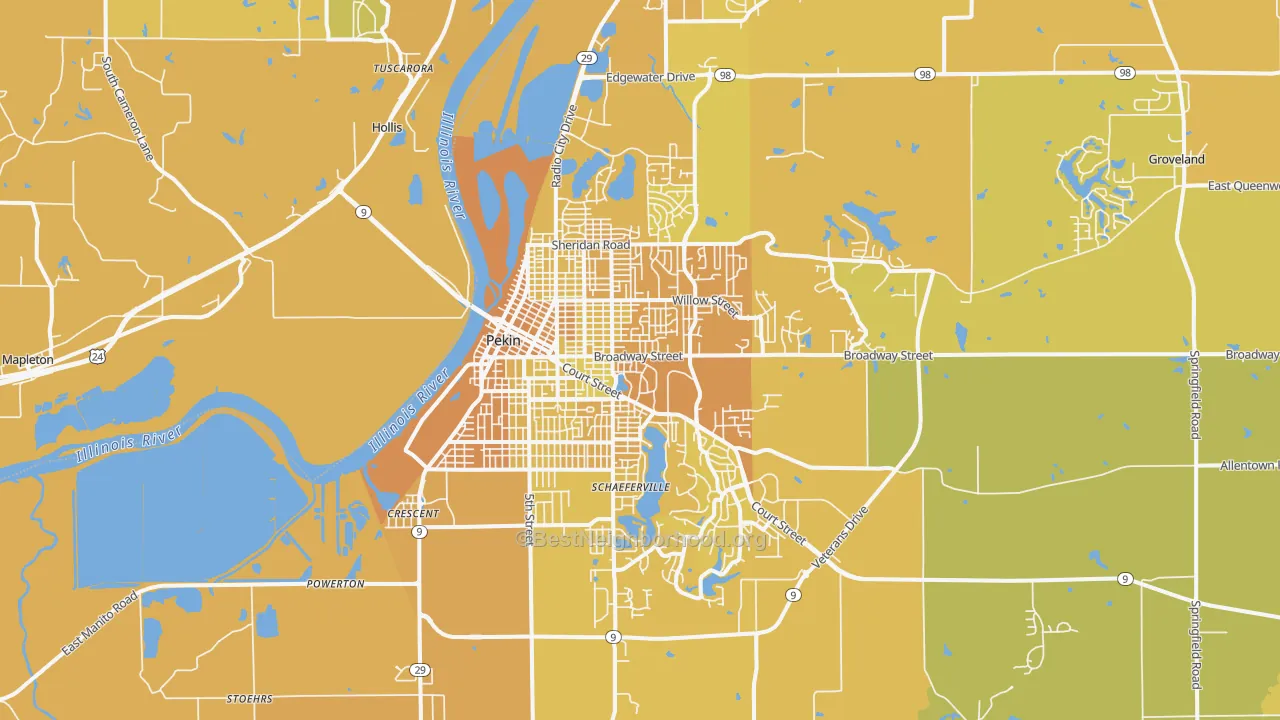 Map of the best neighborhoods in the 61554 area, with better matches in green and worse matches in red