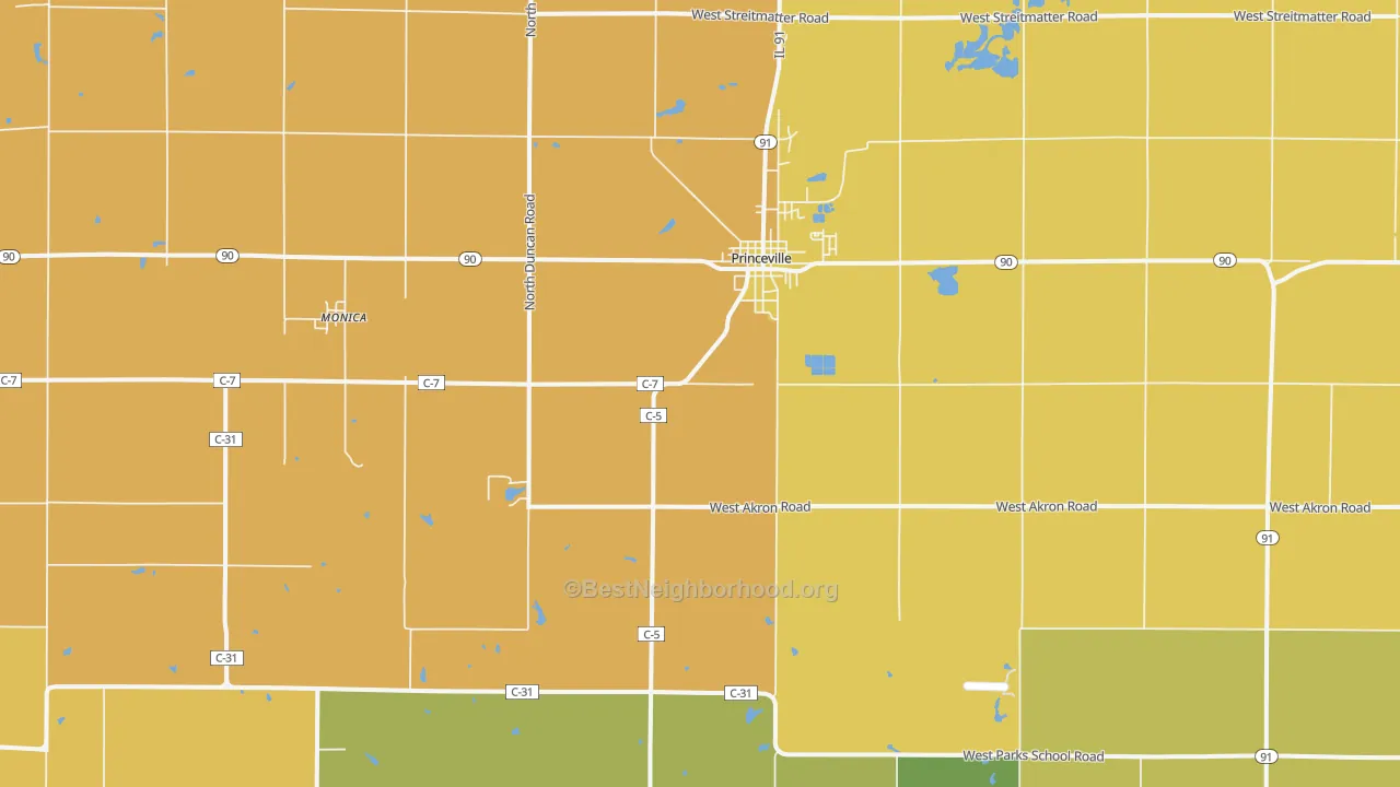 Map of the best neighborhoods in the 61559 area, with better matches in green and worse matches in red