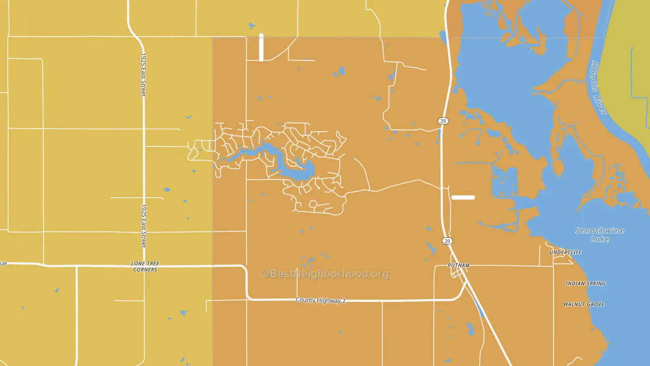 Map of the best neighborhoods in the 61560 area, with better matches in green and worse matches in red