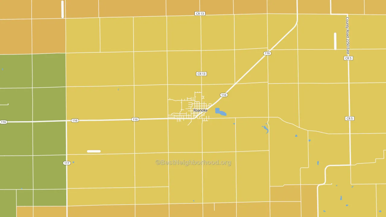 Map of the best neighborhoods in the 61561 area, with better matches in green and worse matches in red