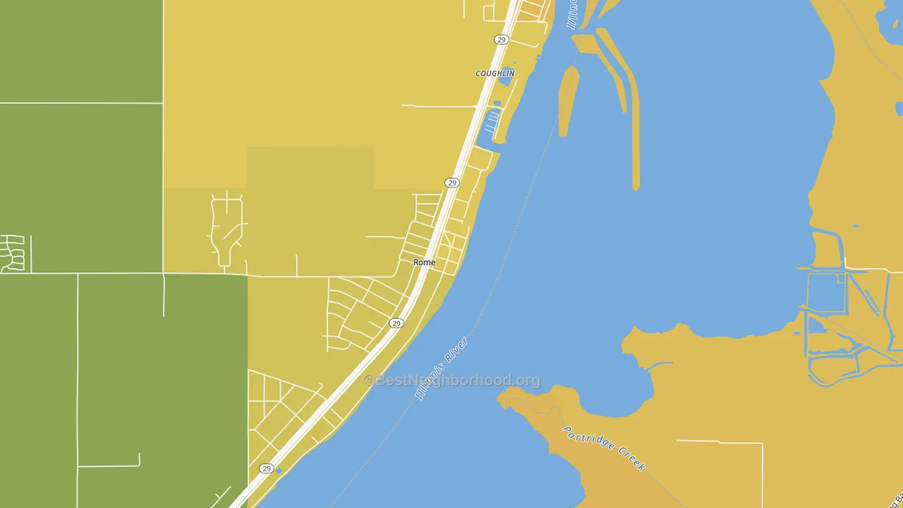 Map of the best neighborhoods in the 61562 area, with better matches in green and worse matches in red