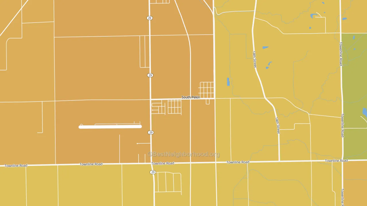 Map of the best neighborhoods in the 61564 area, with better matches in green and worse matches in red