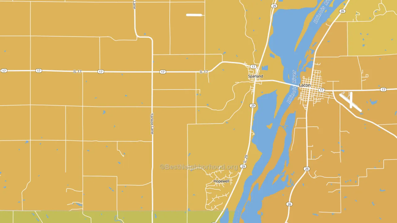 Map of the best neighborhoods in the 61565 area, with better matches in green and worse matches in red