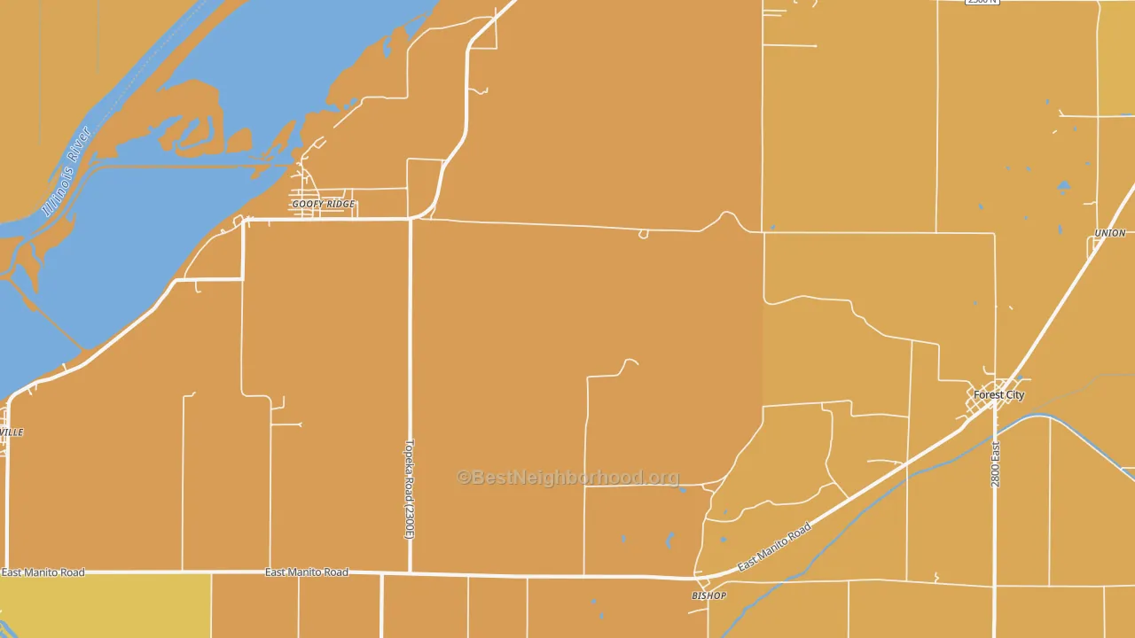Map of the best neighborhoods in the 61567 area, with better matches in green and worse matches in red