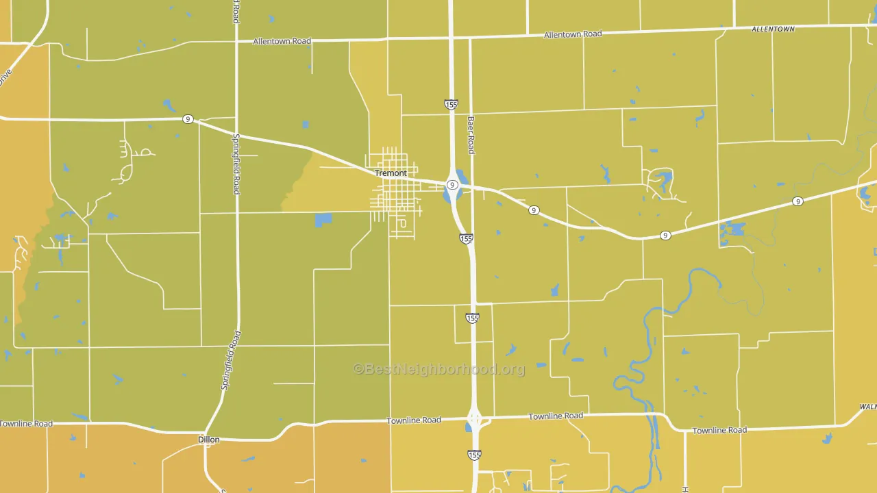 Map of the best neighborhoods in the 61568 area, with better matches in green and worse matches in red
