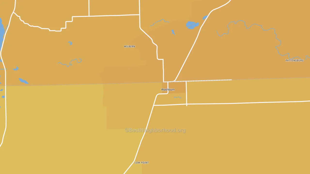 Map of the best neighborhoods in the 61570 area, with better matches in green and worse matches in red