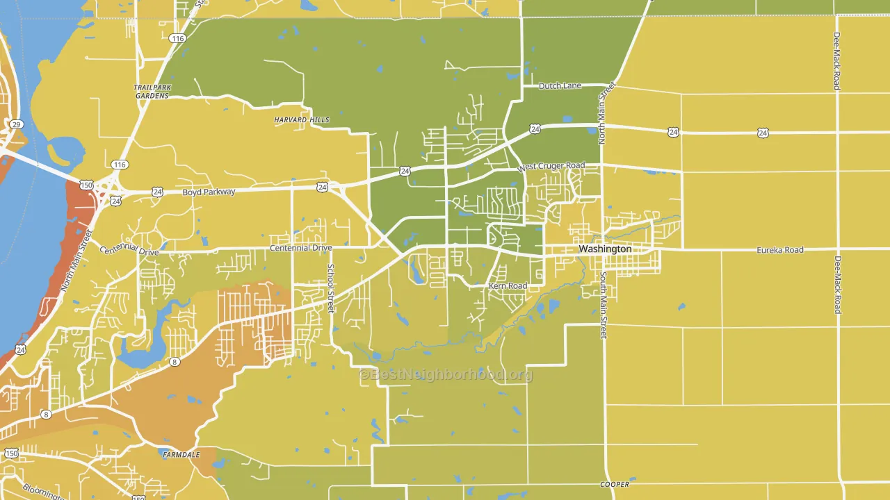 Map of the best neighborhoods in the 61571 area, with better matches in green and worse matches in red