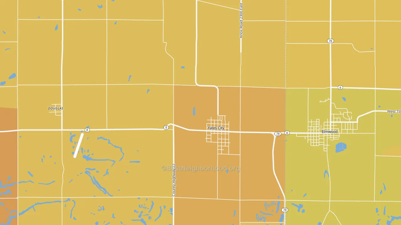 Map of the best neighborhoods in the 61572 area, with better matches in green and worse matches in red