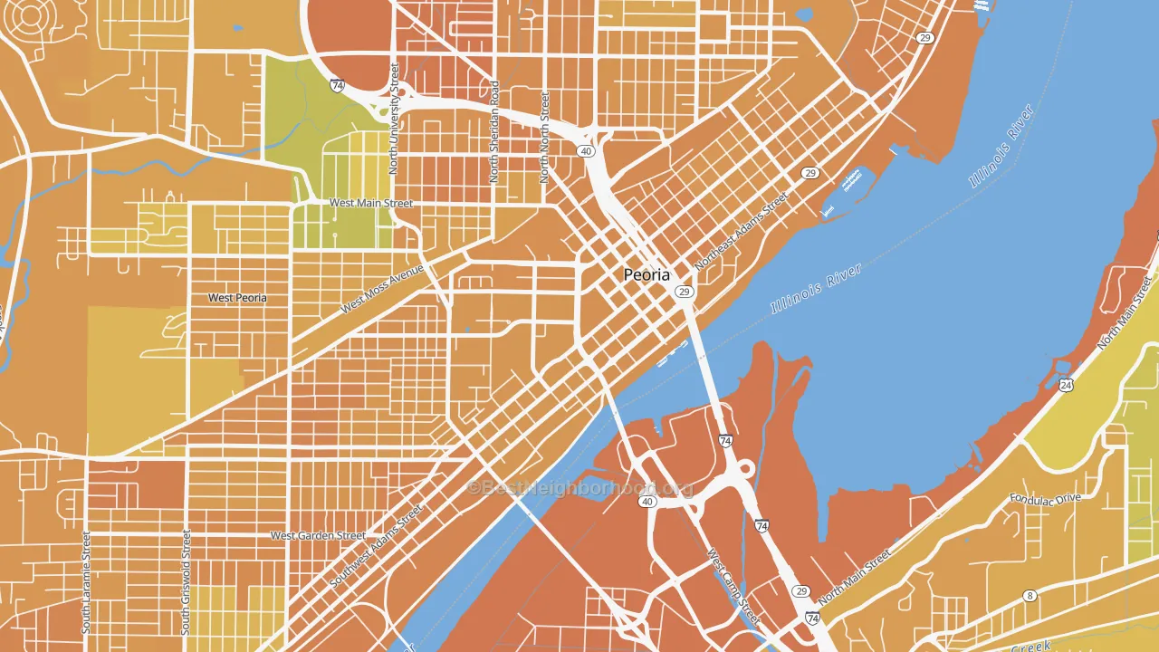 Map of the best neighborhoods in the 61602 area, with better matches in green and worse matches in red