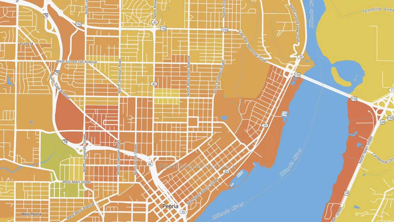 Map of the best neighborhoods in the 61603 area, with better matches in green and worse matches in red