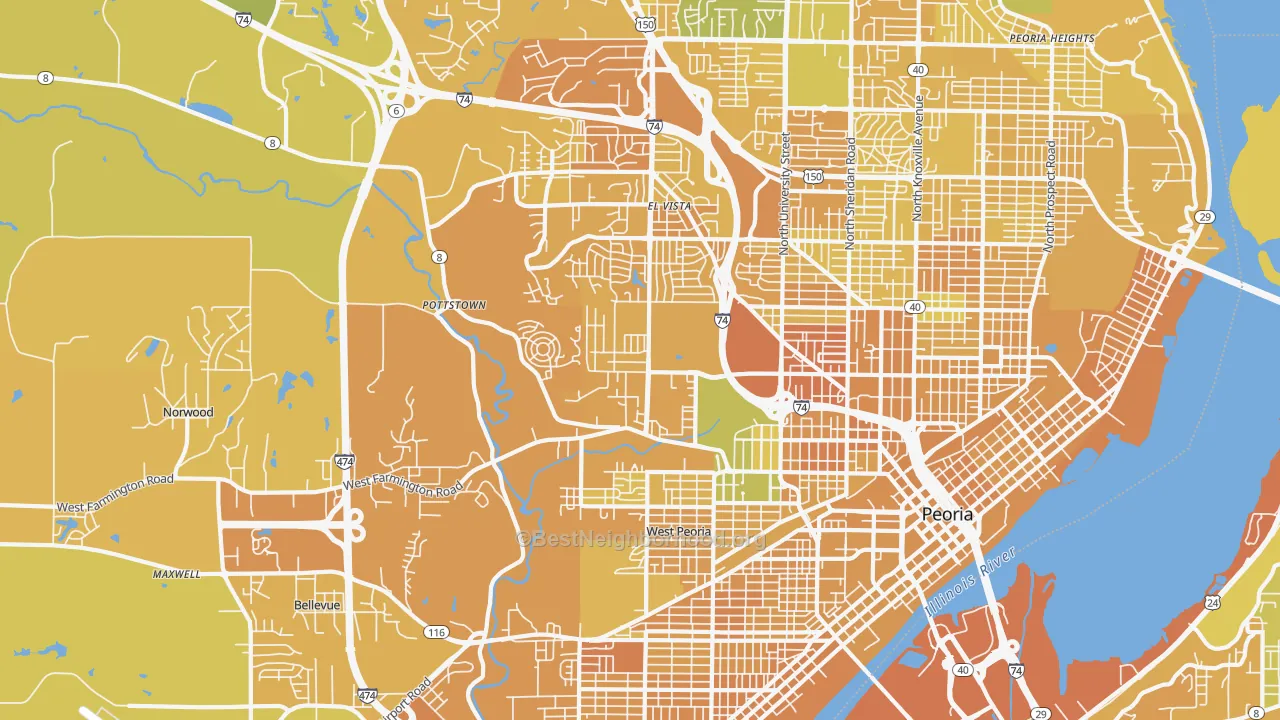 Map of the best neighborhoods in the 61604 area, with better matches in green and worse matches in red
