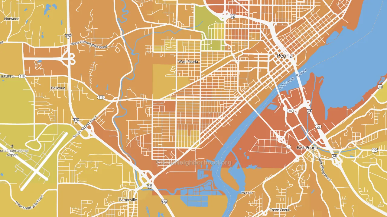 Map of the best neighborhoods in the 61605 area, with better matches in green and worse matches in red