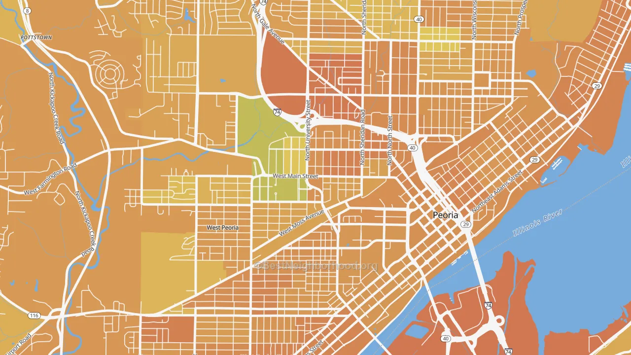 Map of the best neighborhoods in the 61606 area, with better matches in green and worse matches in red