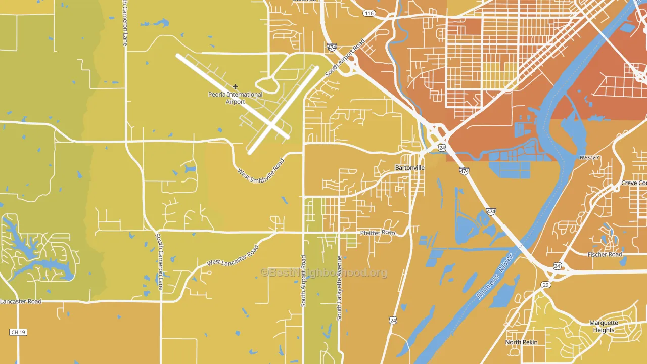Map of the best neighborhoods in the 61607 area, with better matches in green and worse matches in red
