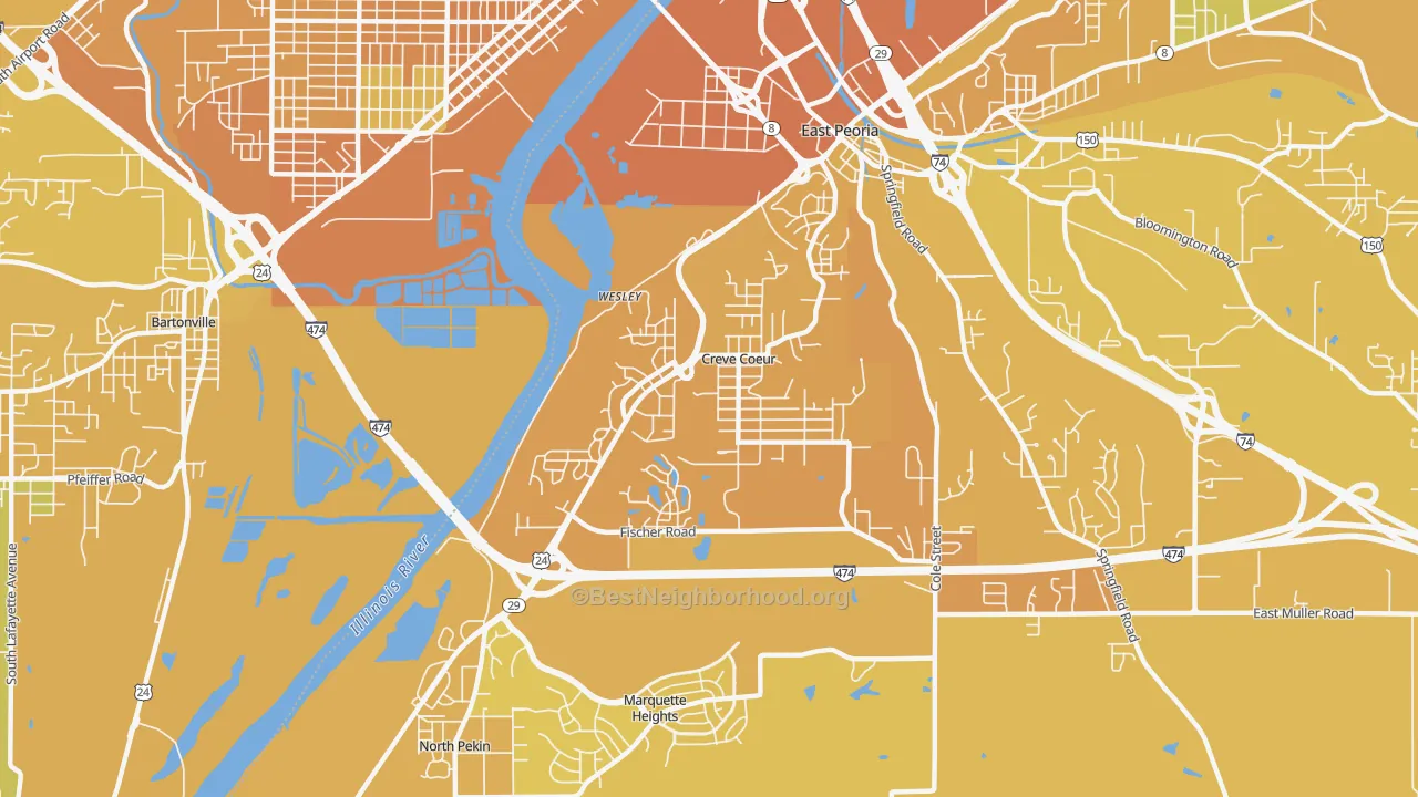Map of the best neighborhoods in the 61610 area, with better matches in green and worse matches in red