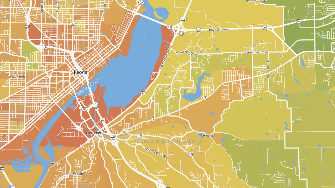 Map of the best neighborhoods in the 61611 area, with better matches in green and worse matches in red