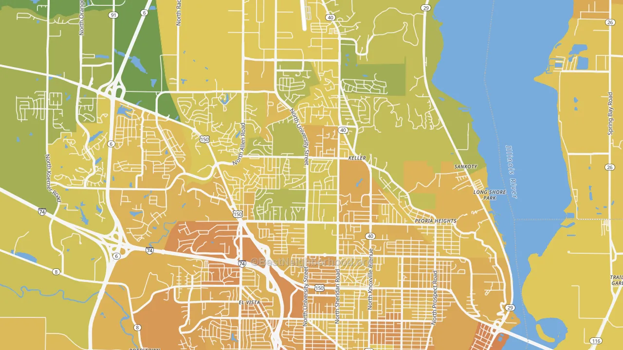 Map of the best neighborhoods in the 61614 area, with better matches in green and worse matches in red