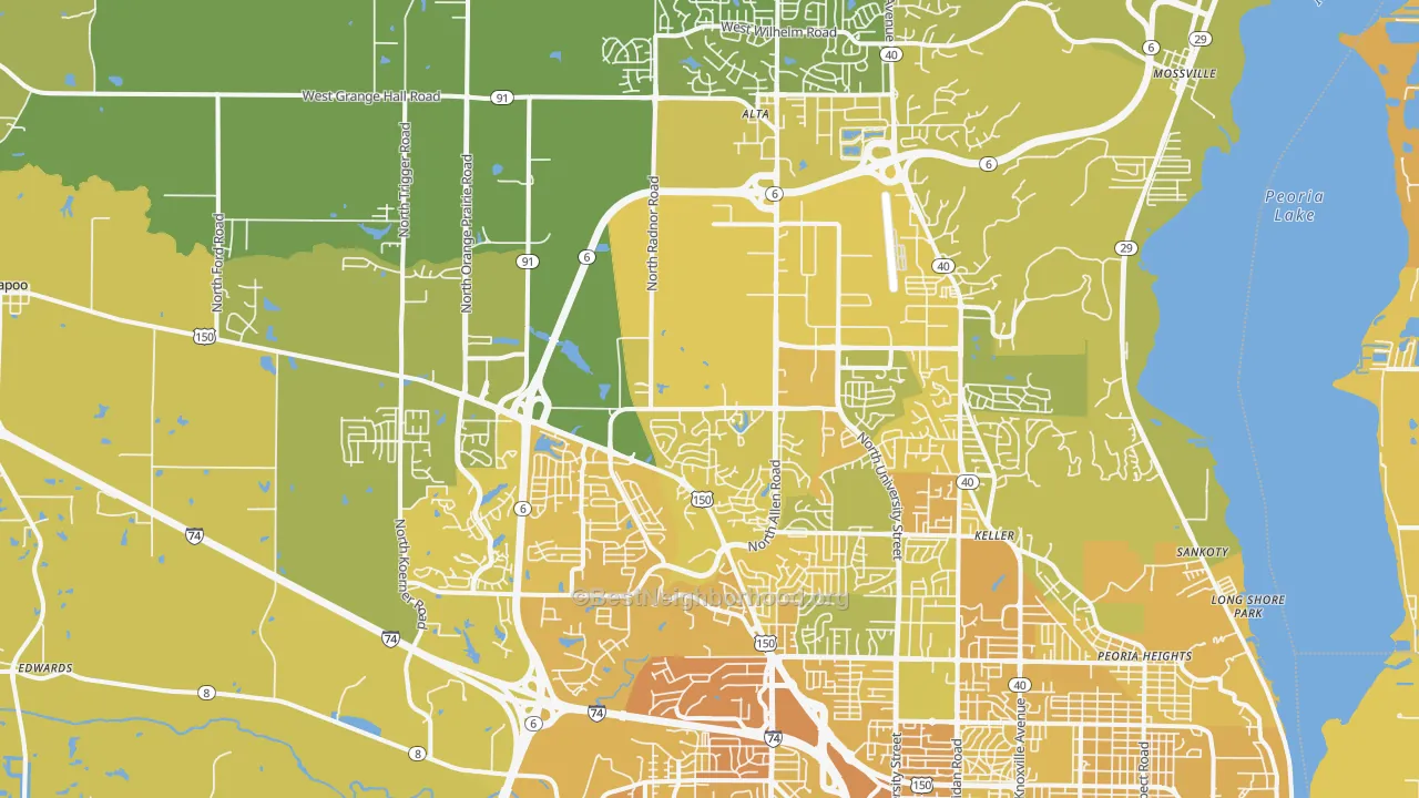 Map of the best neighborhoods in the 61615 area, with better matches in green and worse matches in red