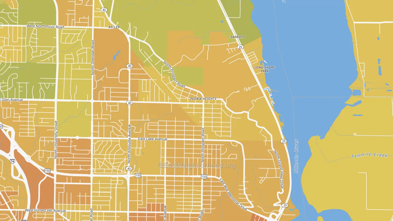 Map of the best neighborhoods in the 61616 area, with better matches in green and worse matches in red