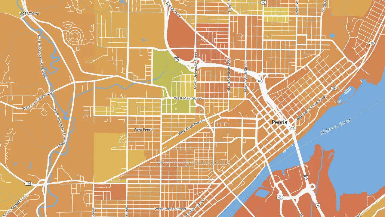 Map of the best neighborhoods in the 61625 area, with better matches in green and worse matches in red