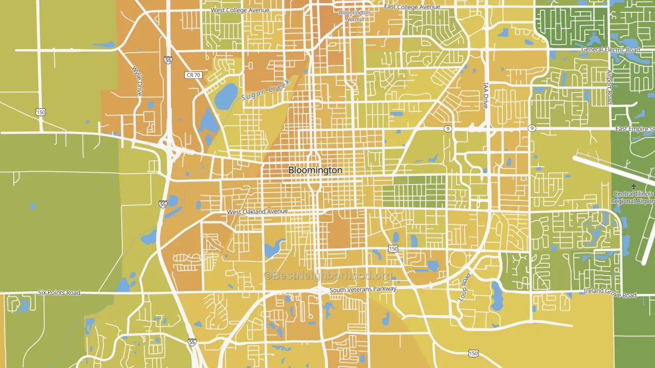 Map of the best neighborhoods in the 61701 area, with better matches in green and worse matches in red