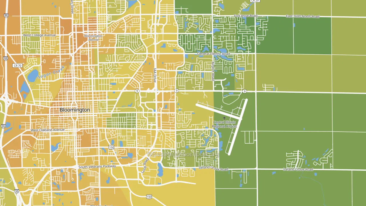 Map of the best neighborhoods in the 61704 area, with better matches in green and worse matches in red