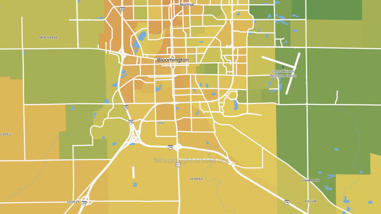 Map of the best neighborhoods in the 61705 area, with better matches in green and worse matches in red