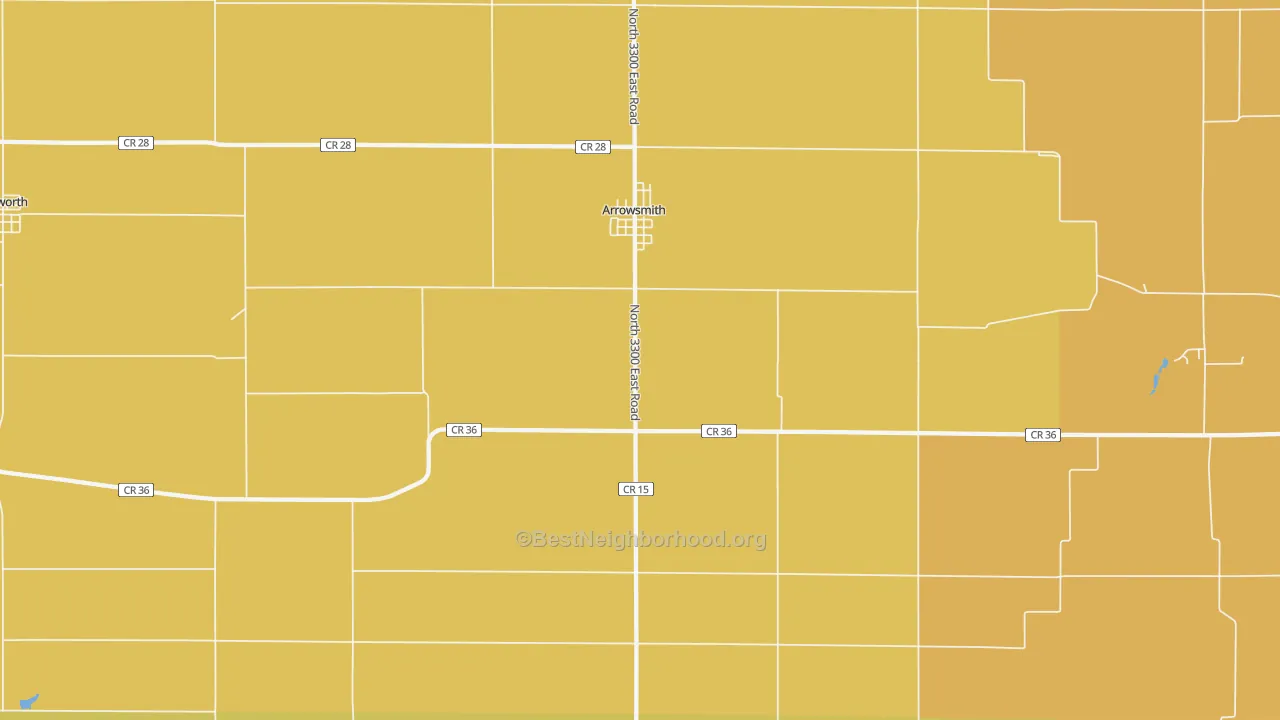 Map of the best neighborhoods in the 61722 area, with better matches in green and worse matches in red