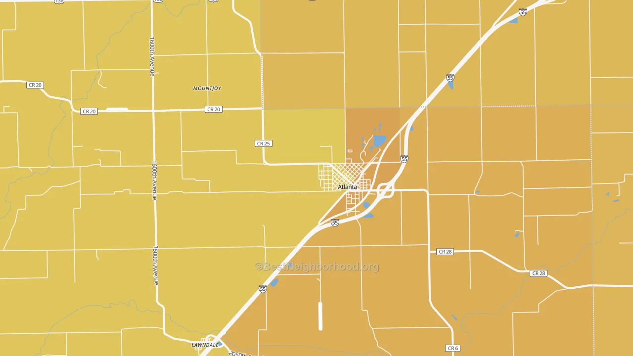 Map of the best neighborhoods in the 61723 area, with better matches in green and worse matches in red