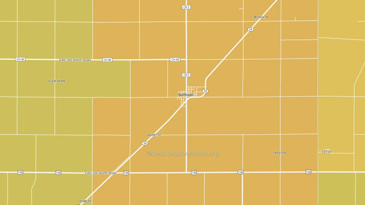 Map of the best neighborhoods in the 61724 area, with better matches in green and worse matches in red