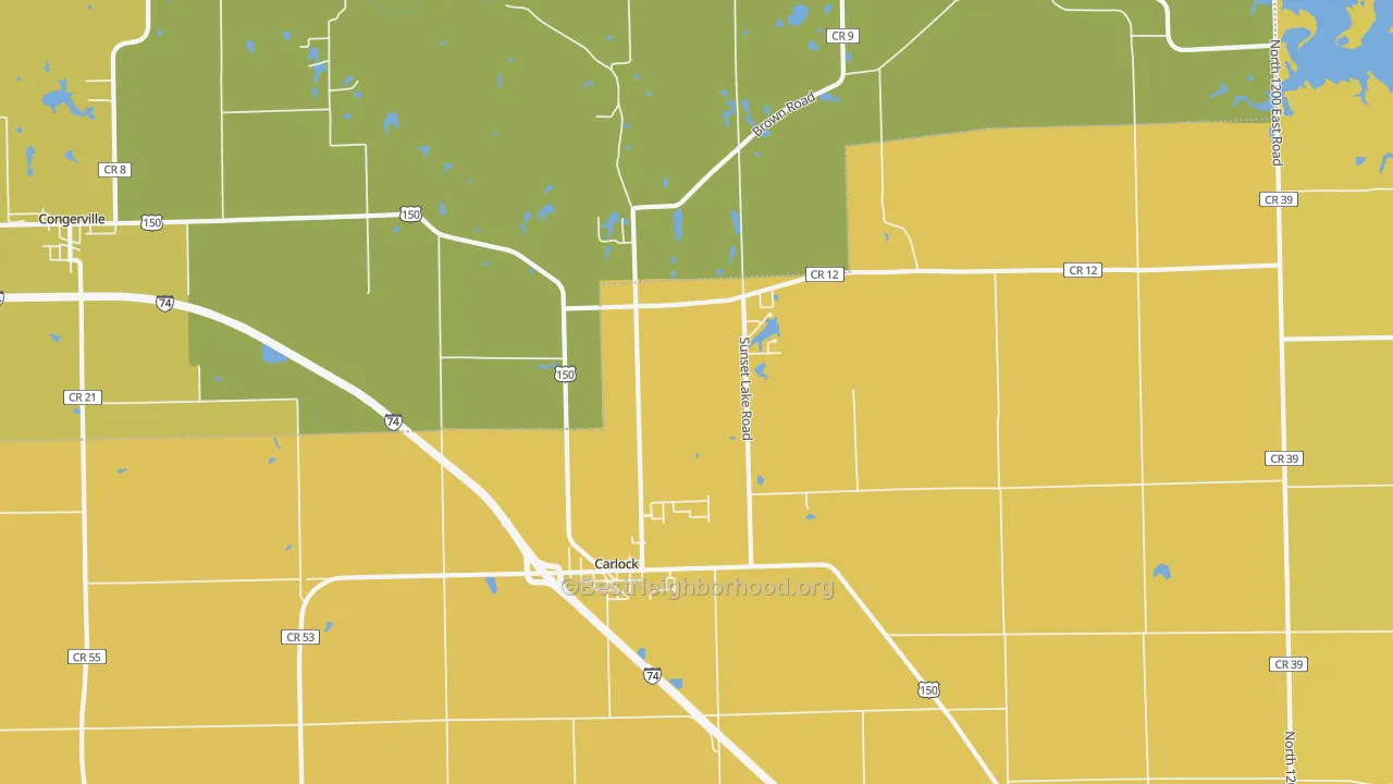 Map of the best neighborhoods in the 61725 area, with better matches in green and worse matches in red