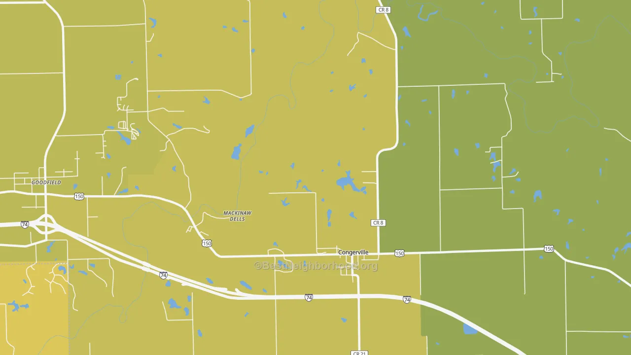 Map of the best neighborhoods in the 61729 area, with better matches in green and worse matches in red