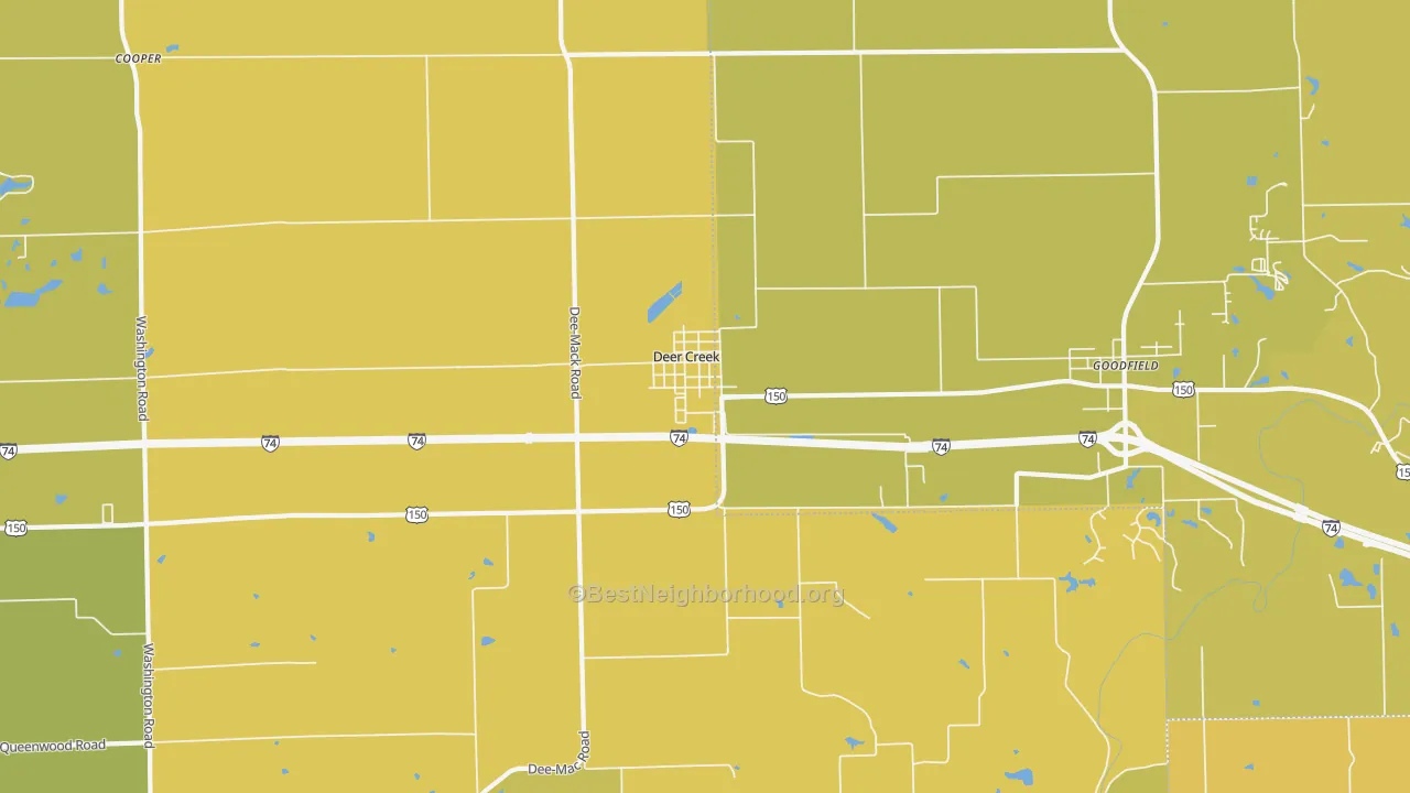 Map of the best neighborhoods in the 61733 area, with better matches in green and worse matches in red