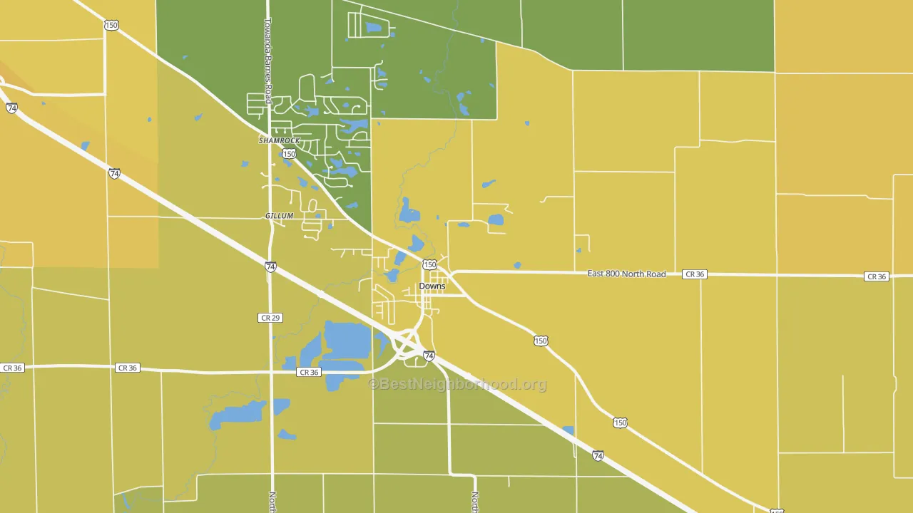 Map of the best neighborhoods in the 61736 area, with better matches in green and worse matches in red