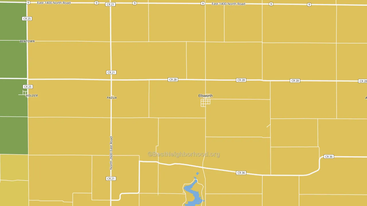 Map of the best neighborhoods in the 61737 area, with better matches in green and worse matches in red