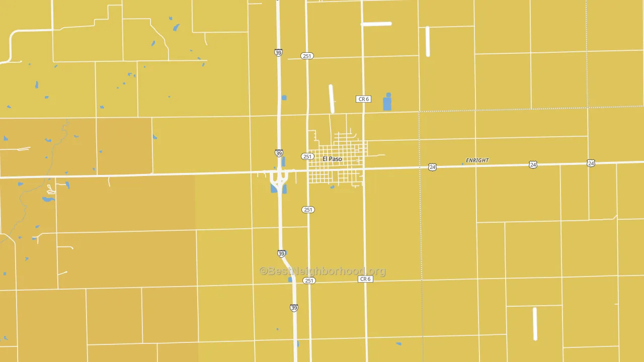 Map of the best neighborhoods in the 61738 area, with better matches in green and worse matches in red