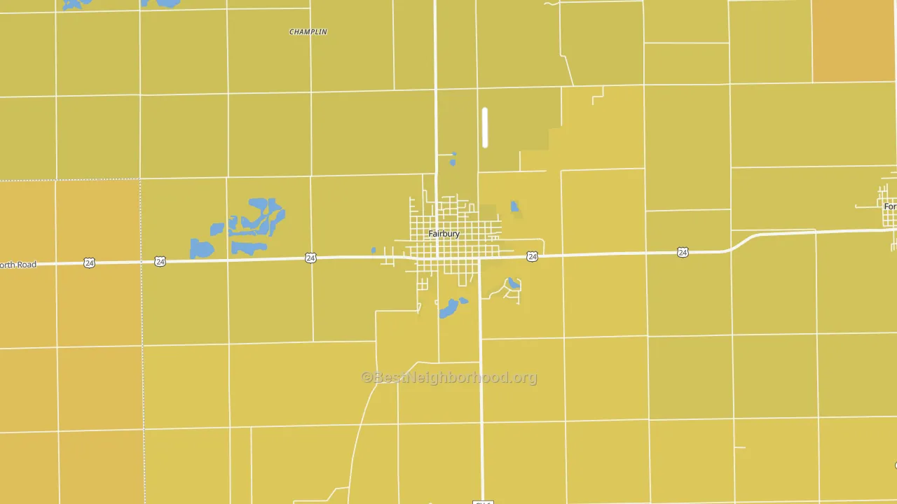 Map of the best neighborhoods in the 61739 area, with better matches in green and worse matches in red