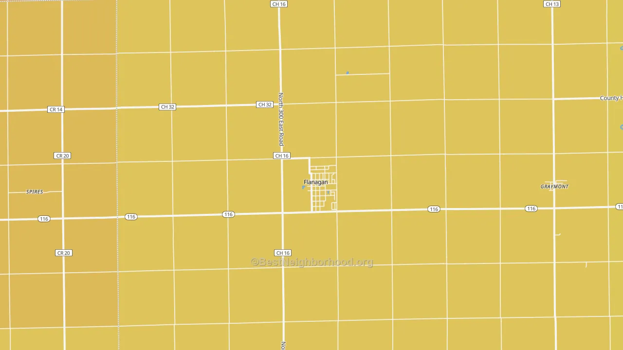 Map of the best neighborhoods in the 61740 area, with better matches in green and worse matches in red