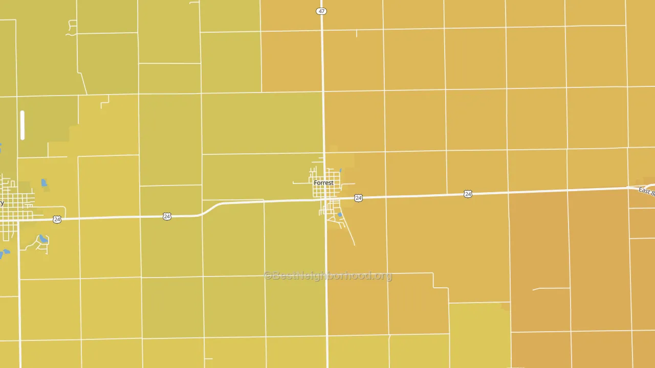 Map of the best neighborhoods in the 61741 area, with better matches in green and worse matches in red