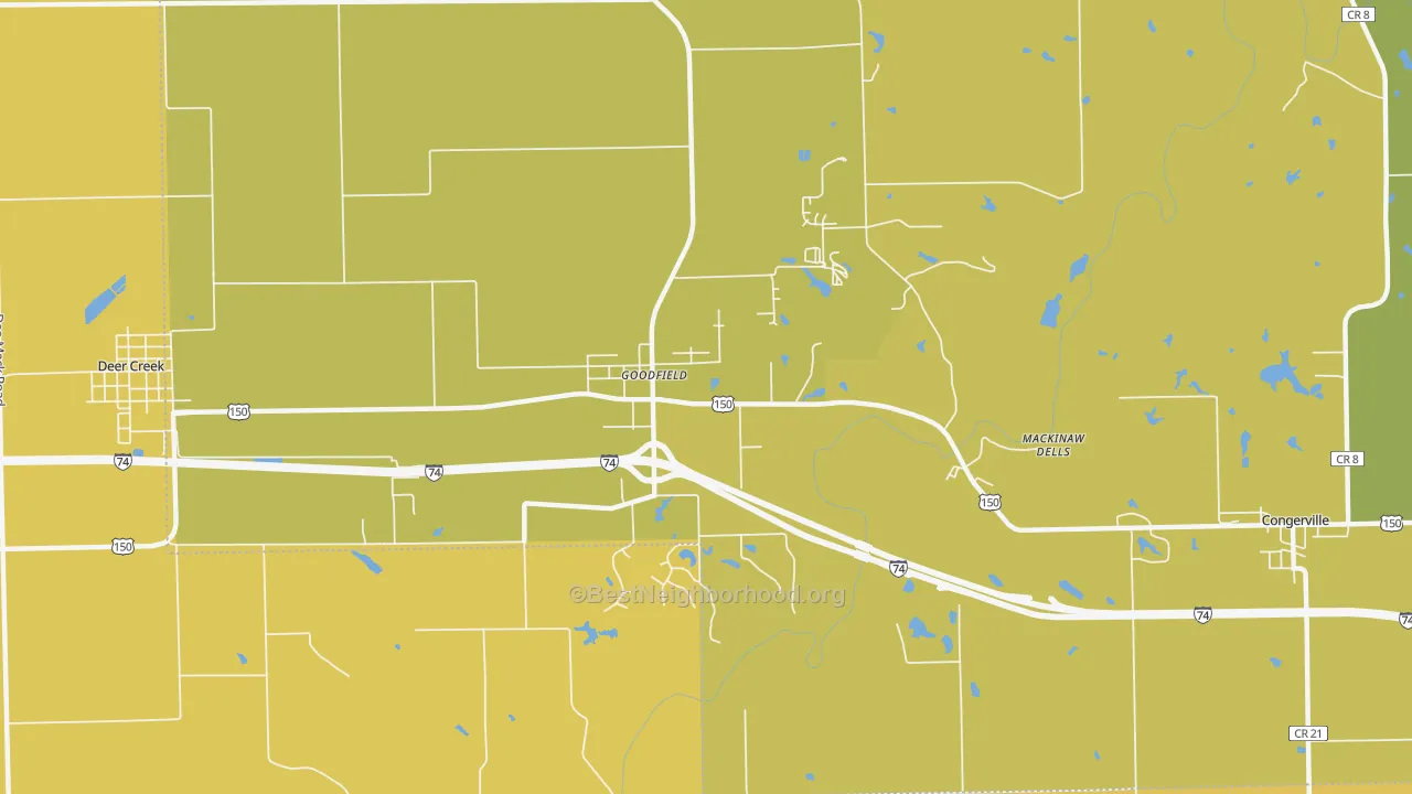 Map of the best neighborhoods in the 61742 area, with better matches in green and worse matches in red