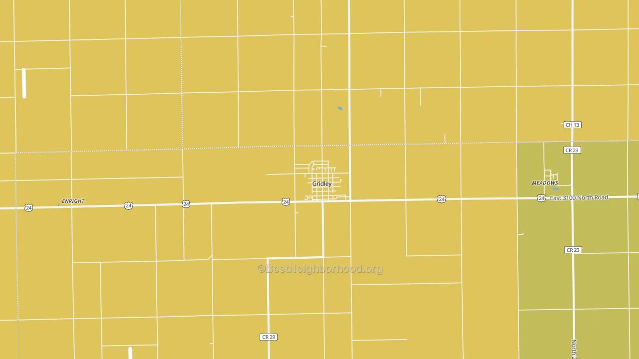 Map of the best neighborhoods in the 61744 area, with better matches in green and worse matches in red