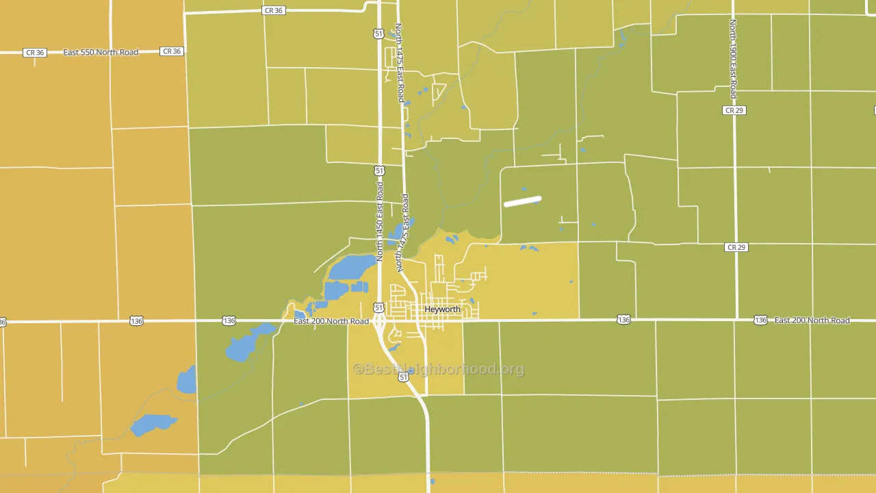 Map of the best neighborhoods in the 61745 area, with better matches in green and worse matches in red