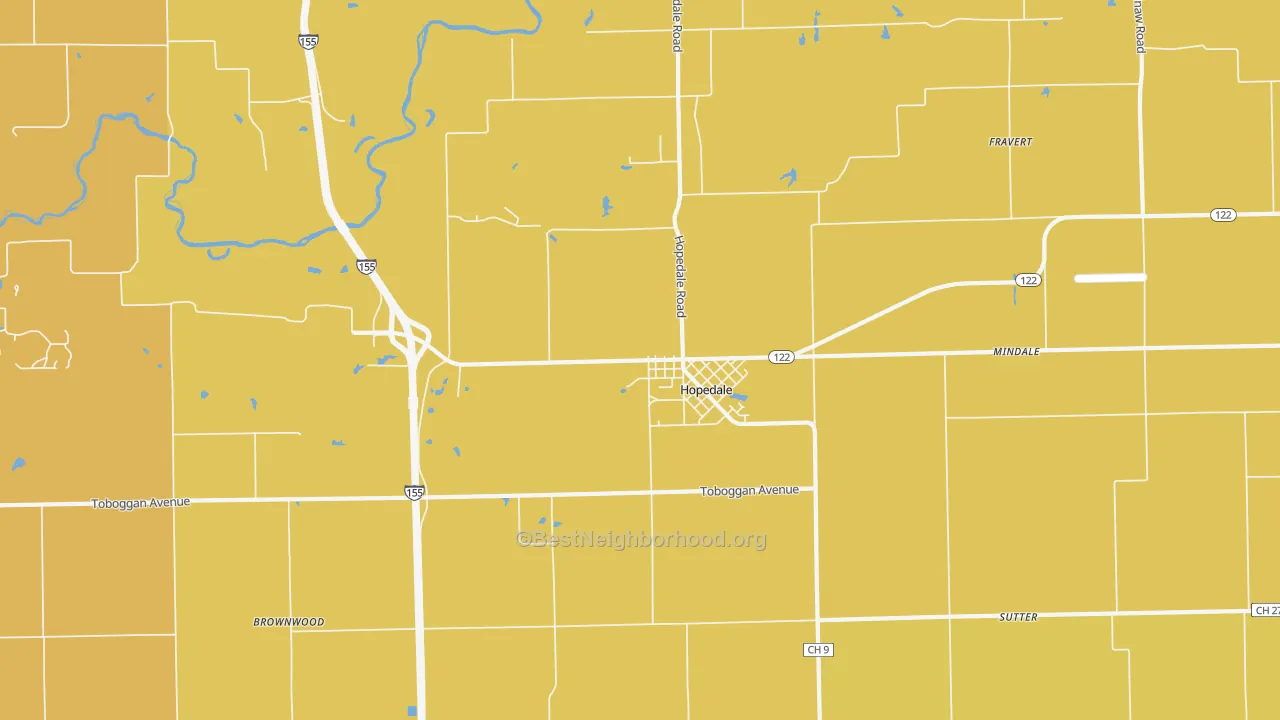 Map of the best neighborhoods in the 61747 area, with better matches in green and worse matches in red