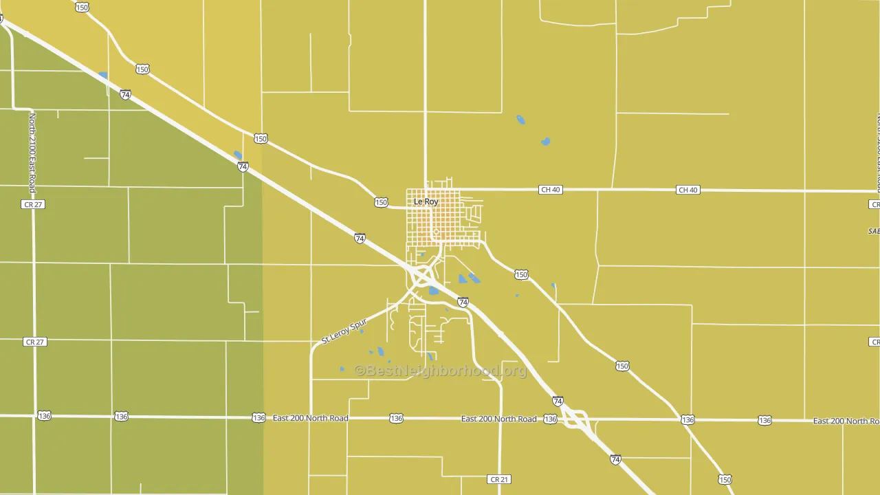 Map of the best neighborhoods in the 61752 area, with better matches in green and worse matches in red