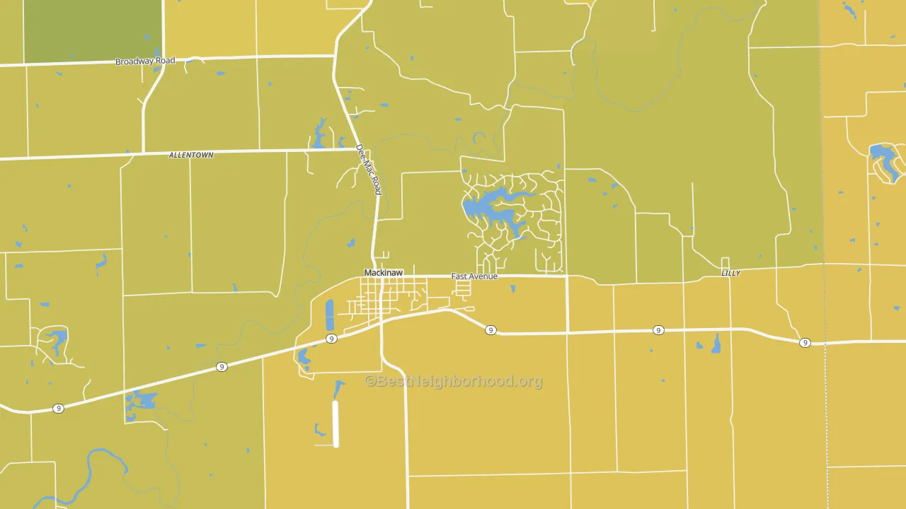 Map of the best neighborhoods in the 61755 area, with better matches in green and worse matches in red